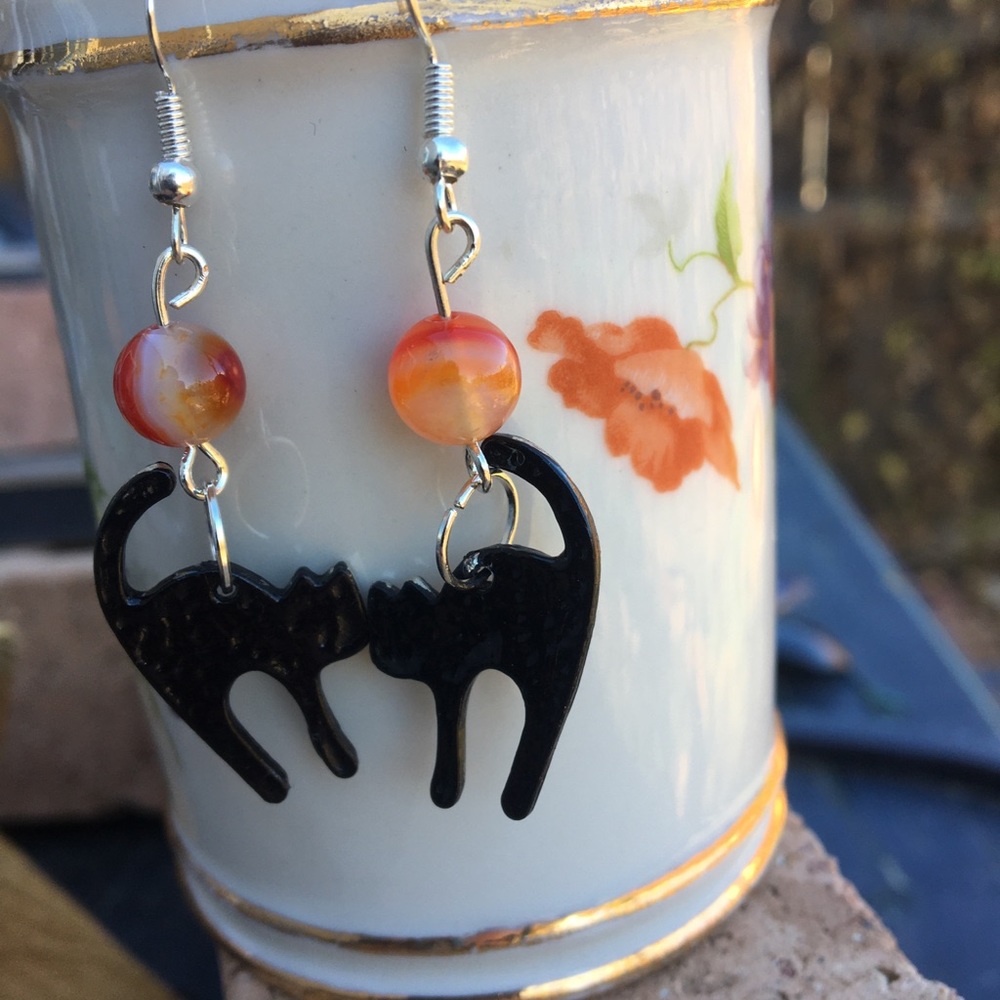 Orange Agate Black Cat Dangle Earrings